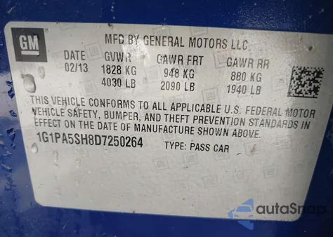 2013 Chevrolet Cruze Ls Auto from USA, damaged, VIN 1G1PA5SH8D7250264